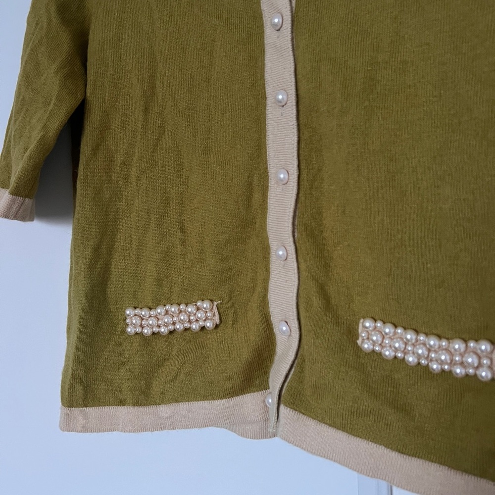 Darling Vintage Olive Green and Beige Pearl-Trim Cardigan - Picture 4 of 4
